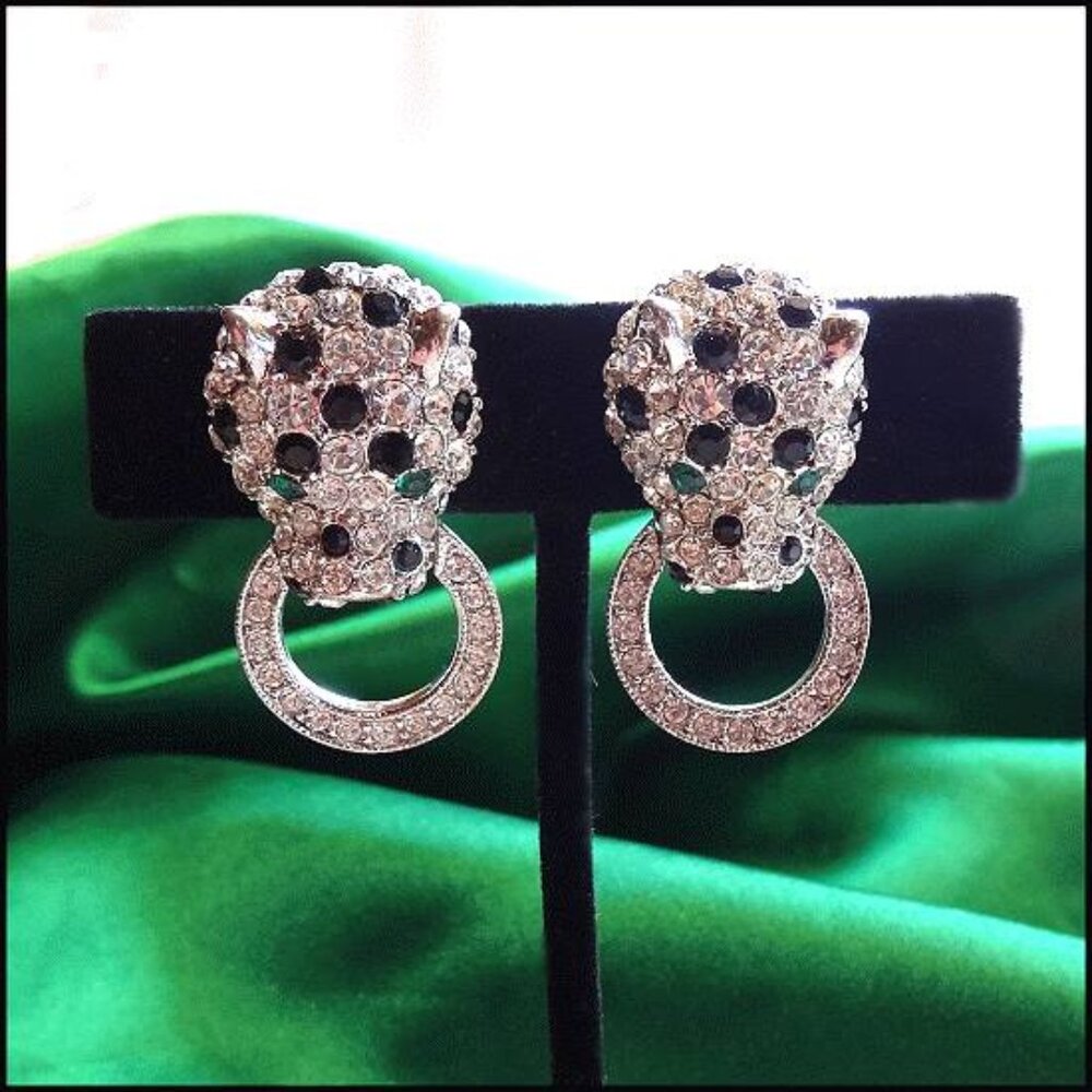 1980s Signed KJL Earrings Crystal Panthers Door Knocker Hoops  16132